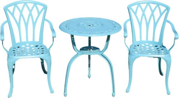 KAILI 3 Piece Bistro Table Set Cast Aluminum Outdoor Patio Furniture with Chair with armrests (Light Blue) - Image 2