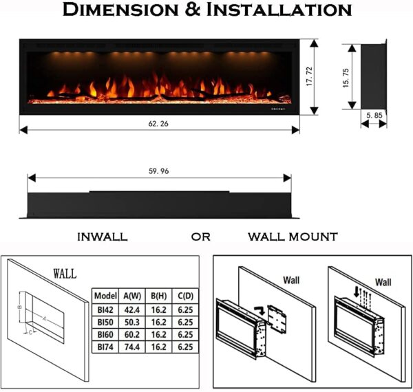 Luxurious 60" Electric Fireplace, Wall Mounted&in Wall Recessed Fireplace Heater, Adjustable Flame Color & Top Light, Remote&Touch Control with Timer&Thermostat, Log & Crystal Set - Image 6