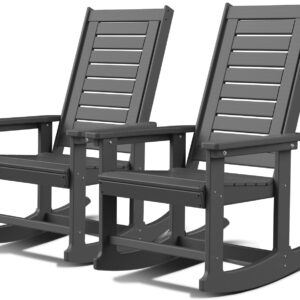 Outdoor Rocking Chairs | Set of 2 | Porch Rocker | HDPE Plastic | Grey | Oversized Rockers | High Back | Big & Tall | Ladder Back | for Patio Outside Backyard Balcony Garden
