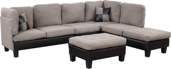 Casa Andrea Milano Modern 3 Piece Microfiber and Faux Leather L Shaped Sectional Sofa with Reversible Chaise & Ottoman, Large Living Room Furniture, Grey - Image 4