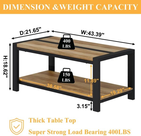BON AUGURE Industrial Coffee Table, Wood Metal Coffee Tables for Living Room, Farmhouse Rectangle Center Tables, Modern Living Room Table (Vintage Oak, 43 Inch) - Image 2