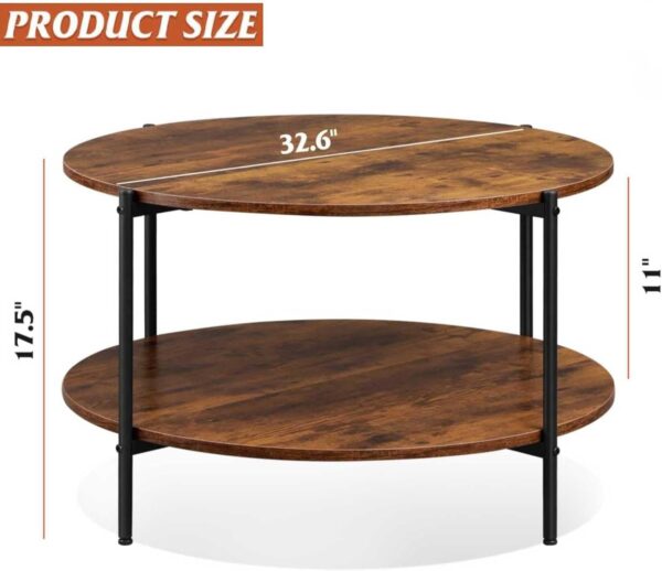 WLIVE Round Coffee Table, 32.6" Small Coffee Table with Open Storage Shelf, 2-Tier Industrial Circle Wood Center Table for Living Room, Rustic Brown - Image 3