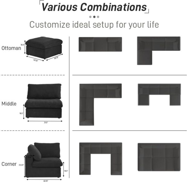Cloud Modular Sectional Sofa Couch,120.45" V Shaped Convertible Couches with Corner Sofa for Living Room,Minimalist Deep Sofa Couches,Sofa Covers Washable&Replaceable(Black) - Image 5