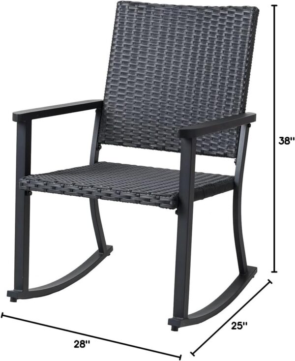 All Weather Patio Wicker Rocking Chair with Arms Steel Outdoor Rocker Furniture, Black - Image 2