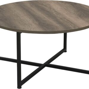 Household Essentials Jamestown Round Coffee Table Ashwood Rustic Wood Grain and Black Metal 31.5 x 31.5, Taupe
