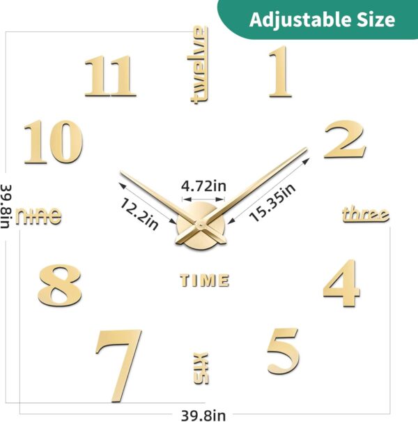 VREAONE Frameless DIY Wall Clock,Large Modern 3D Mirror Wall Clock Decor Sticker DIY Clock kit for Home Living Room Bedroom Office Wall Decorations(Gold) - Image 3
