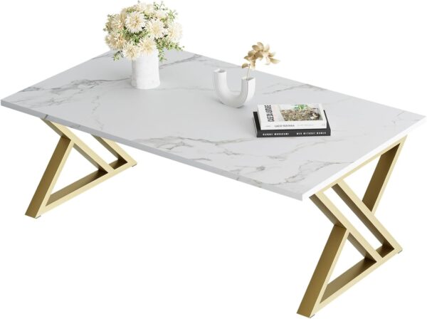 Coffee Table Living Room Table White Center Table, Simple Modern Faux Marble Rectangular Tea Table with Sturdy Gold-Finished Metal Frame,Industrial Wooden Coffee Table for Bedroom Home Office