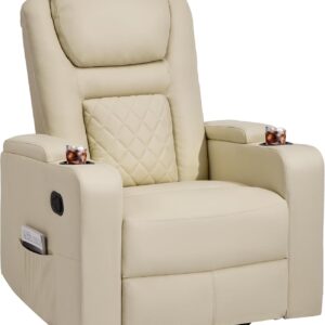 YITAHOME Swivel Rocking Recliner with Massage and Heat, Hidden Arm Storage, Faux Leather Rocker Recliner Chairs with Cup Holders, Comfy Home Theater Seating, Manual Recliner for Living Room, Beige