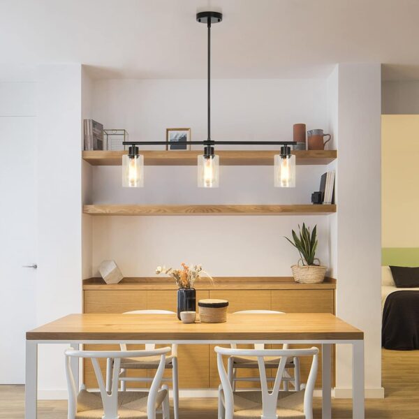 Kitchen Island Lighting, 3-Lights Black Pendant Lights Kitchen Island, Hanging Linear Light Fixture Chandelier With Glass Shades and Adjustable Rods, Modern Dining Room Light Fixtures Over Table - Image 4