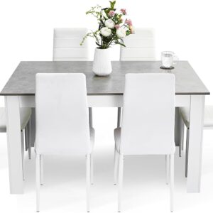Dining Table and Chairs Set 6, 7 Pieces Kitchen Table Set with High Back Faux Leather Chair for Dining Room Kitchen Rectangular Modern (Grey Table White Chairs)