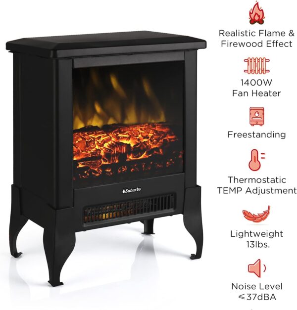 TURBRO Suburbs TS17 Compact Electric Fireplace Stove, 18” Freestanding Stove Heater with Realistic Flame - CSA Certified - Overheating Safety Protection - for Small Spaces - 1400W - Image 2