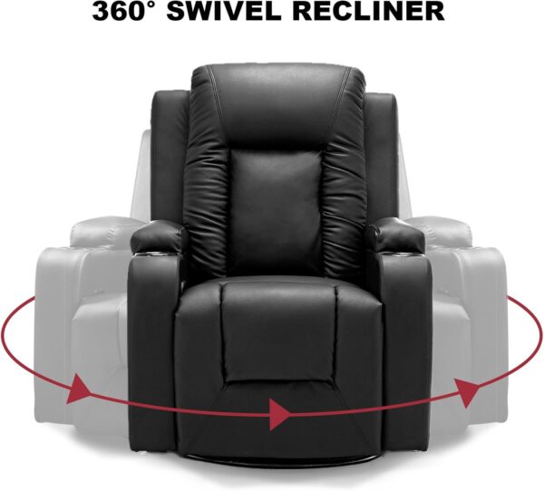 COMHOMA Recliner Chair, PU Rocking Chair for Adults, Swivel Recliner with Cup Holders, Heat and Massage, Single Sofa Seat with Side Pockets for Living Room, Bedroom (Black) - Image 5