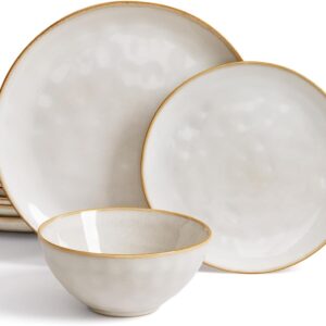 Famiware Dinnerware Sets for 4, Ocean Round 12-Piece Kitchen Plates and Bowls Sets, Reactive Glaze, Microwave and Dishwasher Safe, Scratch Resistant, Cappuccino White