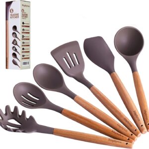 Mapthon Silicone Cooking Kitchen Utensils Set 6 PCS with Wooden Handle for Non-Sticker Cookware Heat-Resistant Kitchen Gadgets Serving Spoons, Slotted Turner, Spatula, Spaghetti Server(Grey)