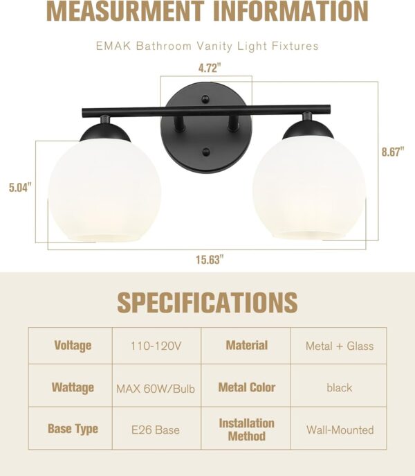 Emak Black Vanity Lights for Mirror, Modern Farmhouse 2-Light Bathroom Light Fixtures Globe Bathroom Vanity Light with Milk Glass Shade, VL114-BK-ML-2 - Image 4