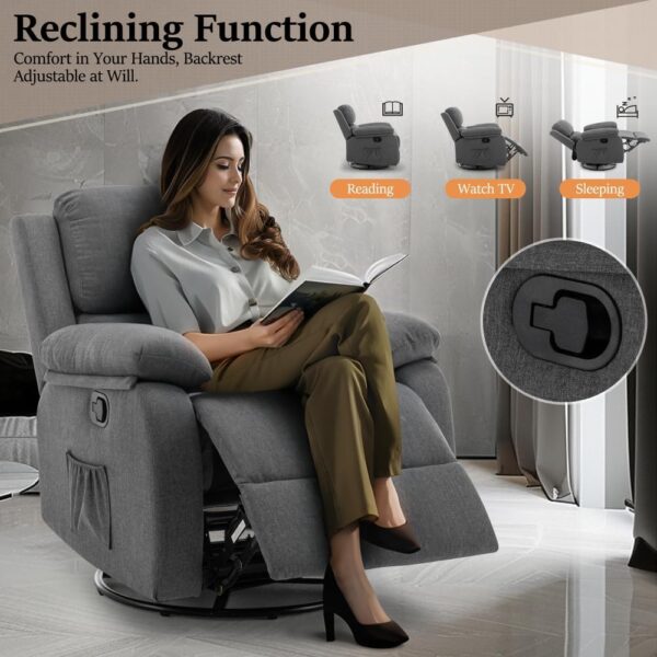 Recliner Chair, 360 Swivel Rocker Chair for Adults, Small Rocking Recliner Chair for Small Spaces, Upholstered Fabric Glider Recliner Nursery Chair with Side Pockets for Living Room, Nursery - Image 4