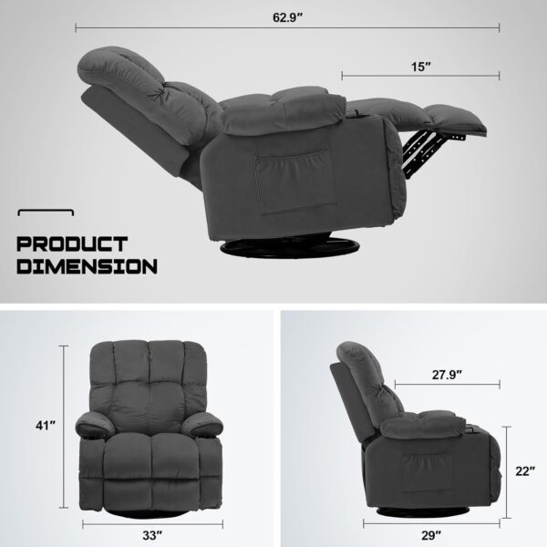 COMHOMA Recliner Chair, Swivel Rocker Recliner with Cup Holders, Heat and Massage, Fabric Recliners Sofa for Living Room (Grey) - Image 2