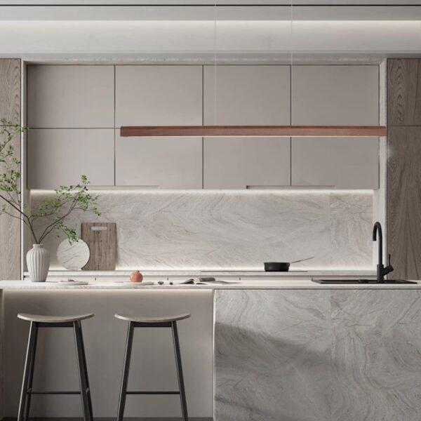 47.2" Wood Linear Pendant Light 34W Led Dimmable Dining Pendant Light Wood Kitchen Island Lights Ceiling Pendant Hanging Light for Dining Room Office studing Walnut Color(Ash Wood) - Image 2