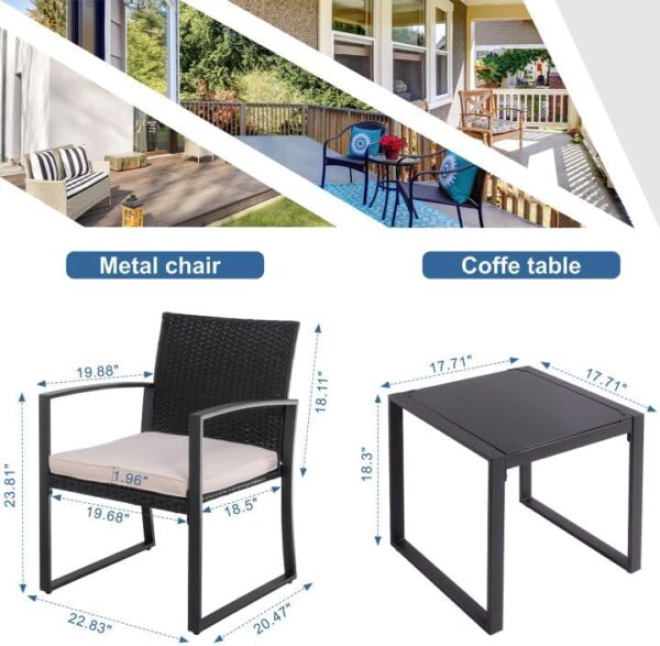 Shintenchi 3 Pieces Outdoor Patio Furniture Set Modern Black Wicker Bistro Set Rattan Chair Conversation with Coffee Table for Yard Porch Poolside Lawn(Beige) - Image 4