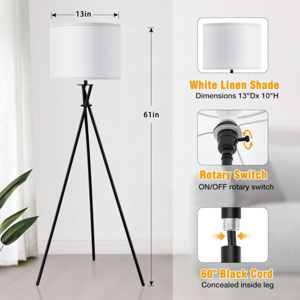 Tripod Floor Lamp, 61” Tall Floor Lamps, Standing Lamp with Rotary Switch, Modern Floor Lamp Simple Design with White Shade, Black Floor Lamps for Living Room, Bedroom, Office, Without Bulb - Image 4