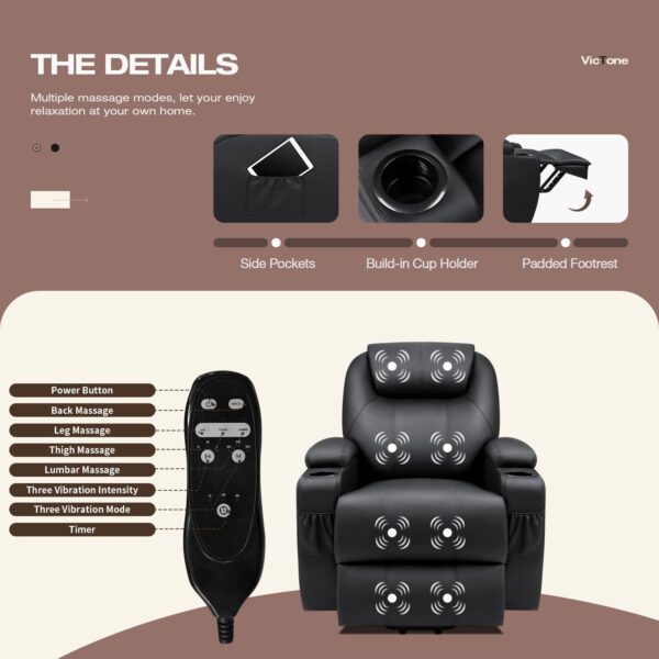 VICTONE Electric Power Lift Recliner Chair for Elderly Reclining Sofa for Living Room with Massage, Side Pockets and Cup Holders (Leather, Black) - Image 4