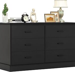 Hasuit 6 Drawer Double Dresser, Wood Storage Tower Clothes Organizer, Wide Chest of 6 Drawers, Large Storage Cabinet, Black Dresser for Bedroom, Hallway, Entryway