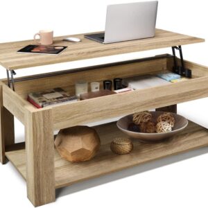 CAPHAUS 47' Natural Oak Lift Top Coffee Table with Storage, 110 lbs Capacity, 11 lbs Lifted