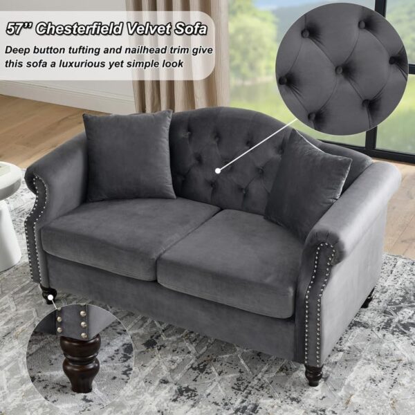 57" Chesterfield Loveseat Velvet Sofa for Living Room,Modern Upholstered 2-Seater Couch, Tufted Velvet Casual Sofa Rolled Arms and Nailhead with 2 Pillows for Bedroom, Office, Grey - Image 6