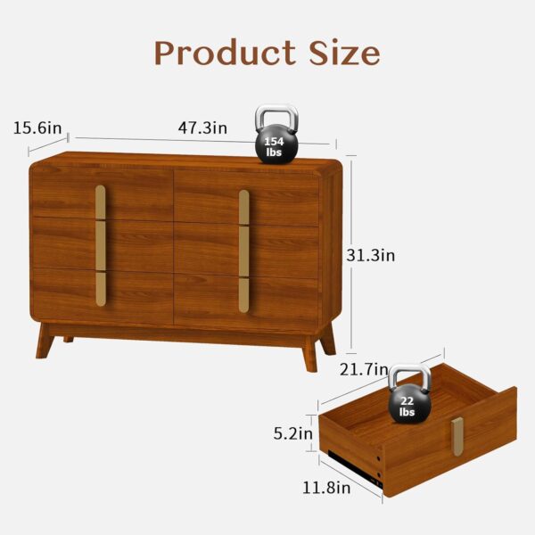 6 Drawer Dresser,Mid Century Modern Dresser,Chest of Drawers with Metal Handle,Dresser TV Stand,Large Wooden Dresser for Bedroom,Living Room,Hallway,Cherry (6 Drawer Dresser) - Image 2
