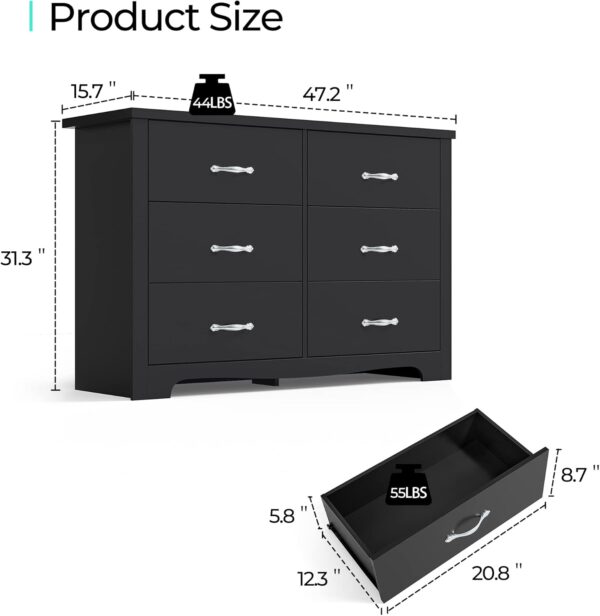 LINSY HOME 6 Drawers Dresser for Bedroom, Modern Wood Dresser Organizer, Closet Dresser Storage with Metal Handles, Large Bedroom Dresser, Black - Image 2