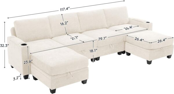 Bumblr 117.4" Convertible Sectional Couch with Storage Seat, 6 Seat Modern U Shaped Sectional Sofa with Double Reversible Chaise, Comfy Chenille Armrest Storage and Cup Holder for Living Room, Beige - Image 2