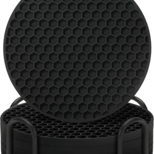 Coasters Set of 6 with Holder,Coasters for Drinks,Coffee Table Decor Coaster,Suitable for Kinds Cups,Anti-Slip,Non-Stick,Silicone Cup Coaster and Living Room Decor (6 Pcs, Black)