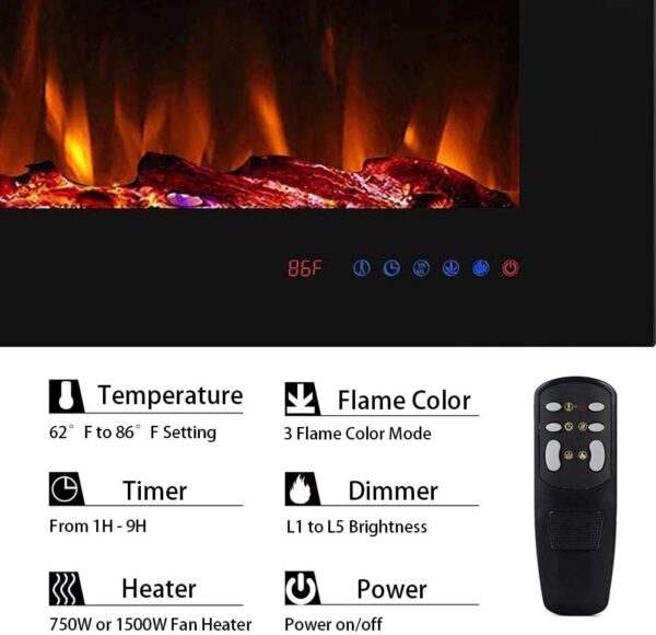 42" Recessed Electric Fireplace Insert, 5 Flame Settings, Log Set or Crystal Options, Temperature Control by Touch Panel & Remote, 750/ 1500W Heater, Black - Image 5