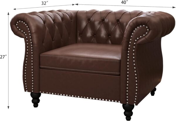 3 Piece Living Room Set, Chesterfield Leather Sofa Loveseat Couch Chair with Scroll Arms and Nailhead for Living Room, Office (Dark Brown) - Image 7