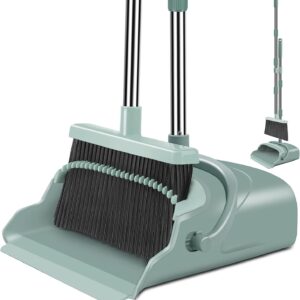 kelamayi Upgrade Broom and Dustpan Set, Large Size and Stiff Broom Dust pan with Long Handle, Upright,Ideal for Indoor Outdoor Garage Kitchen Room Office Lobby Use (Green)
