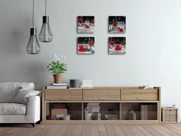 Biufo Kitchen Canvas Wall Art Prints Black and White Wine Rose Floral Painting Picture for Dining Room Restaurant Wall Decor (12"x12"-4Pcs, Red) - Image 2