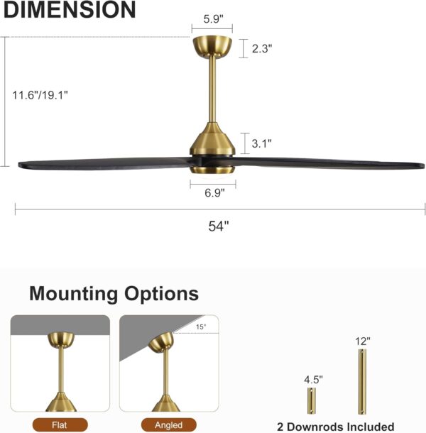 54 Inch Modern Ceiling Fan with Lights and Remote, 5 Wood Blades, 6-Speed Noiseless Reversible DC Motor with Replaceable Downrods for Bedroom Living Room Dining Room, Gold and Black. - Image 5
