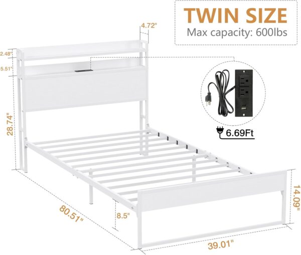 Elephance Twin Bed Frames with Charging Station and Storage Headboard, No Box Spring Needed, Noise Free, Easy Assembly - Image 2