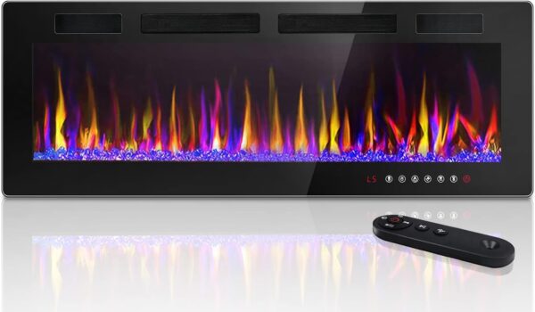LEMBERI 50 inch Electric Fireplace Recessed and Wall Mounted,750/1500W Heater and Linear Fireplace with Touch Screen Control Panel, Timer,Remote Control,Adjustable Flame Color and Speed