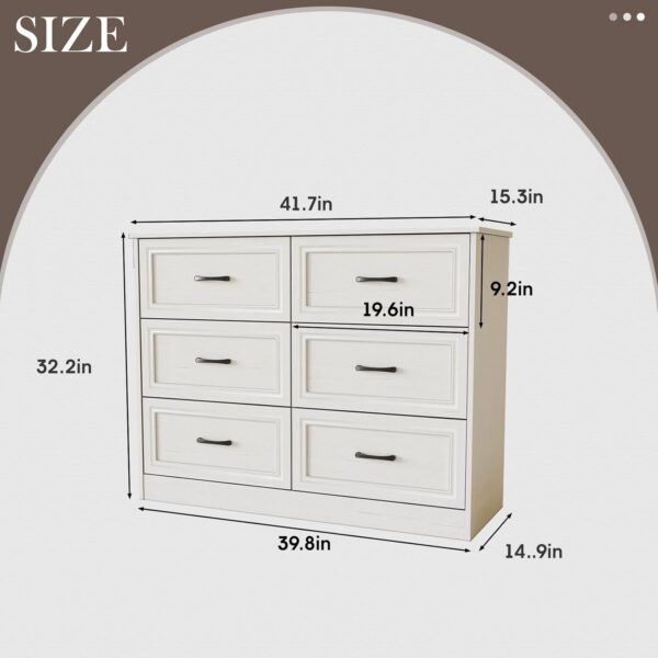 Fameill Dresser for Bedroom, 6 Drawer Wide Dresser Organizer with Charging Station, Tall Dresser for Hallway, Wood Dresser with Metal Handles, Woodgrain White - Image 2