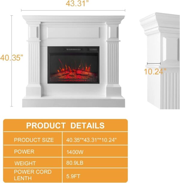 43 Inch White Electric Fireplace with Mantel, Stylish Heater for Your Living Room or Bedroom, Includes Remote Control and LED Flame Effects - Image 2