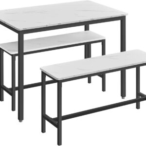 VASAGLE Dining Table Set for 4, Kitchen Table with 2 Benches, 27.6 x 43.3 x 29.5 Inches Dining Room Table, 11.8 x 38.2 x 19.7 Inches Bench, Marble White and Ink Black UKDT070B59