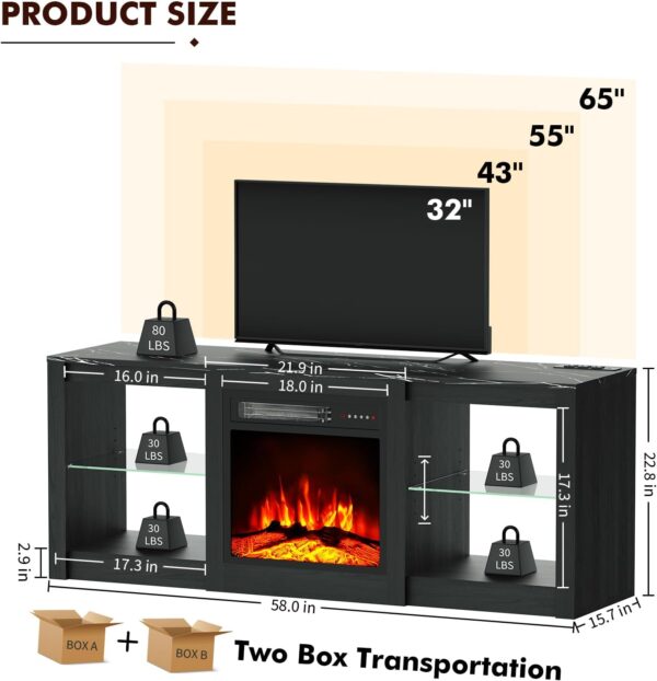 BREEZEHEAT 58inch Electric Fireplace TV Stand for 65'' TV-Entertainment Center with 18'' Fireplace and Led Light-TV Console with Glass Shelves, Power Outlets, Remote Control (Black Marble) - Image 7