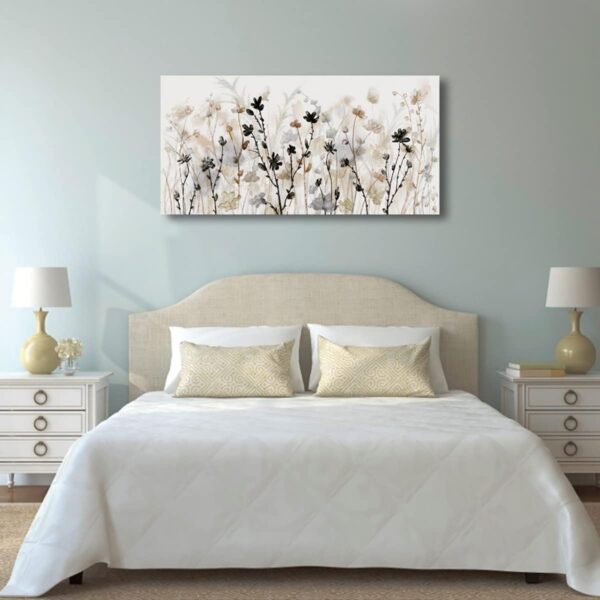 Abstract Floral Canvas Wall Art Grey Cream White Grass Flowers Canvas Pictures Modern Landscape Painting Botanic Artwork for Living Room Bedroom Kitchen Office Wall Decor Ready to Hang 20" x 40" - Image 3