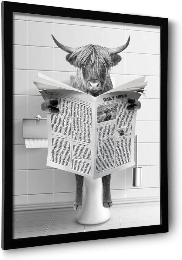 Framed Highland Cow Wall Art, Bathroom Decor Wall Art, Black and White Wall Art, Funny Bathroom Wall Art Signs, Humor Animals Bathroom Artwork, Cute Canvas Print Ready to Hang (Framed,8''x10'')