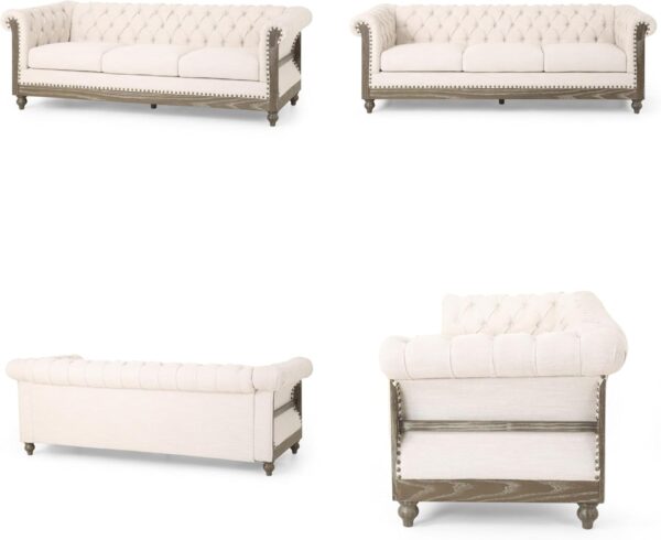 Merax Chesterfield Sofa, Retro Style Upholstered 3 Seater Rolled Arm Couch for Living Room Bedroom Office, Beige - Image 4