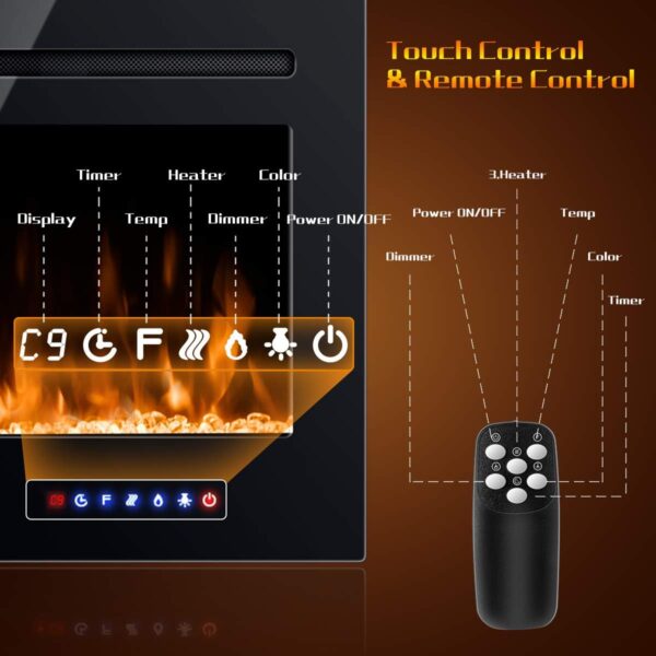 COSTWAY 36-Inch Electric Fireplace, 750W/1500W Wall Recessed and Mounted Fireplace Insert with Remote Control, 9 Flame Colors, 5 Brightness Settings, 8 H Timer, Fireplace Heater for Indoor Use - Image 6