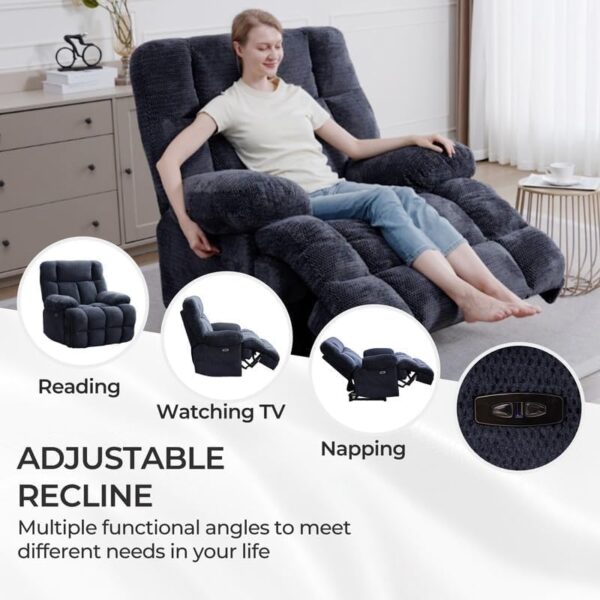 Oversized Power Recliner Chairs for Adults, Electric Reclining Chairs for Big Man, Soft Fabric Overstuffed Single Recliners Chair for Living Room, Theater Seating Chair with USB Charging Port, Blue - Image 4