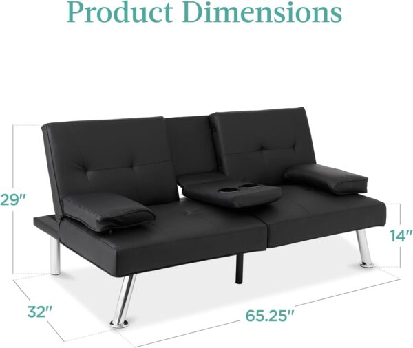 Best Choice Products Faux Leather Upholstered Modern Convertible Futon, Adjustable Folding Sofa Bed, Guest Bed w/Removable Armrests - Black - Image 2