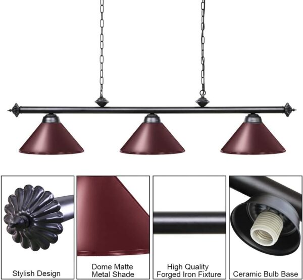 Wellmet Pool Table Lights for 8'/9' Table with 3 Metal Shades, Billiard Lamp for Man Cave, Game Room, Kitchen Island Light for Restaurant Or Dining Room (Burgundy, 59 inch-3 Lights) - Image 3